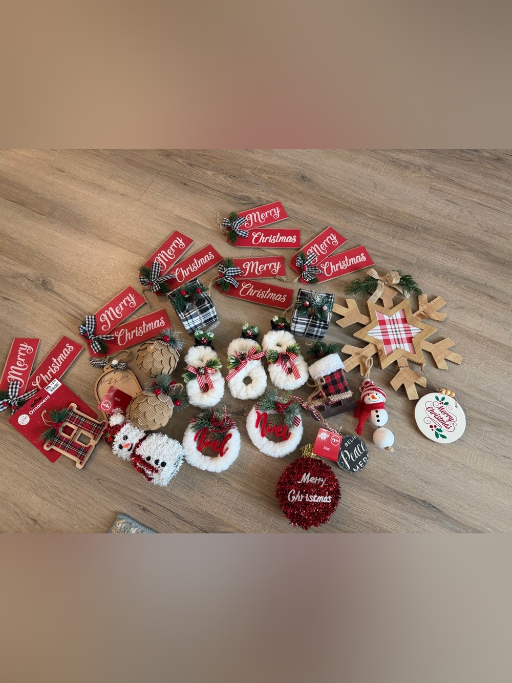 23 Pc Christmas Ornament Lot Rustic Farmhouse Wood Plaid Wreath Snowman Decor